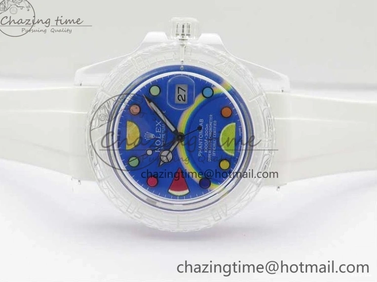 MiroTime 0123 Submariner Phantomlab Transparent KZF Best Edition Blue Fruit Dial on White Rubber Strap VR Classic 2563